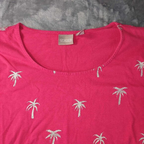 Chicos‎ Women's 3 Vibrant Pink Palm Tree Short Sleeve T-Shirt Beachy Resortwear - Picture 3 of 9